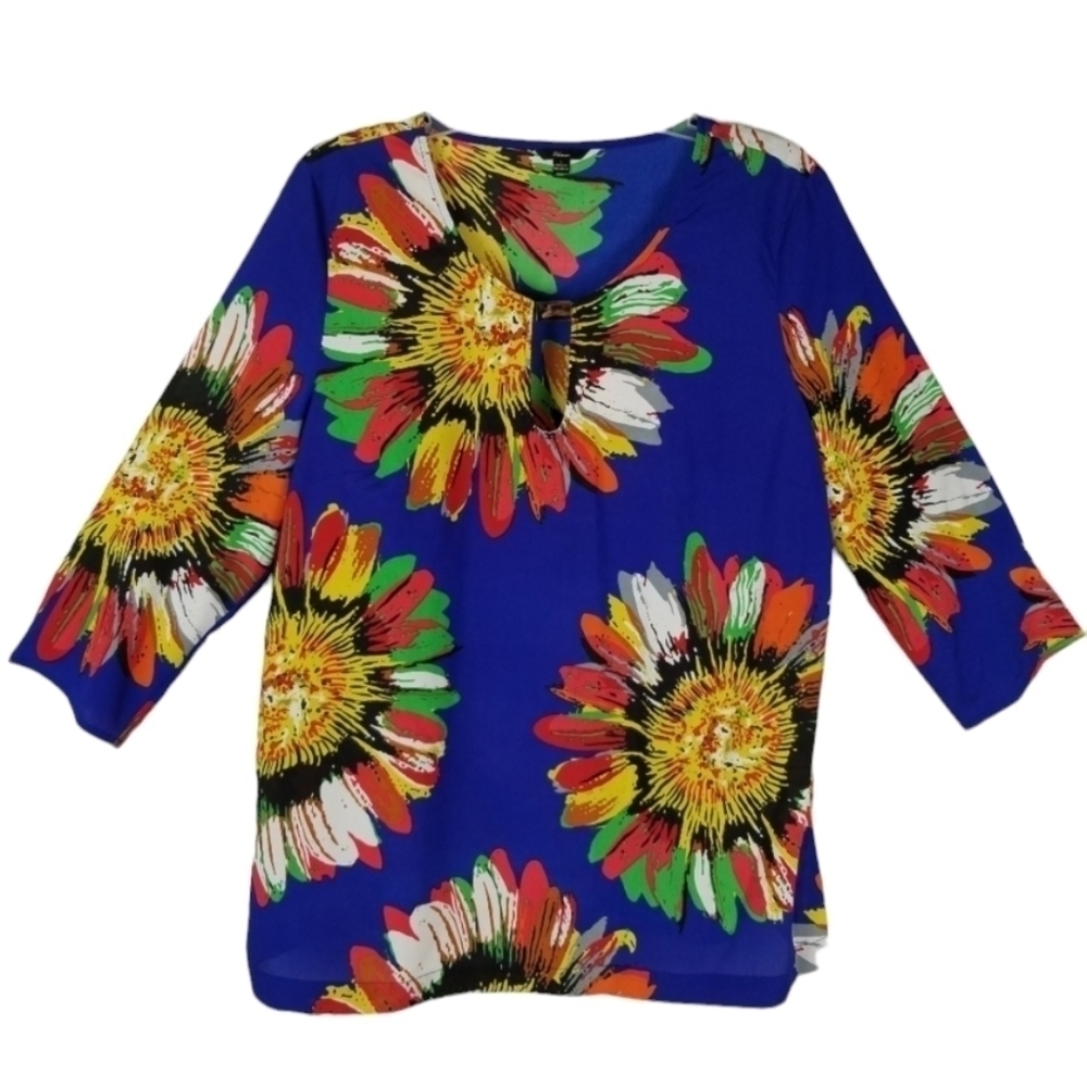 Milano Womens Bold Multi Color Floral Blouse Tunic Size Large Art to Wear Artsy